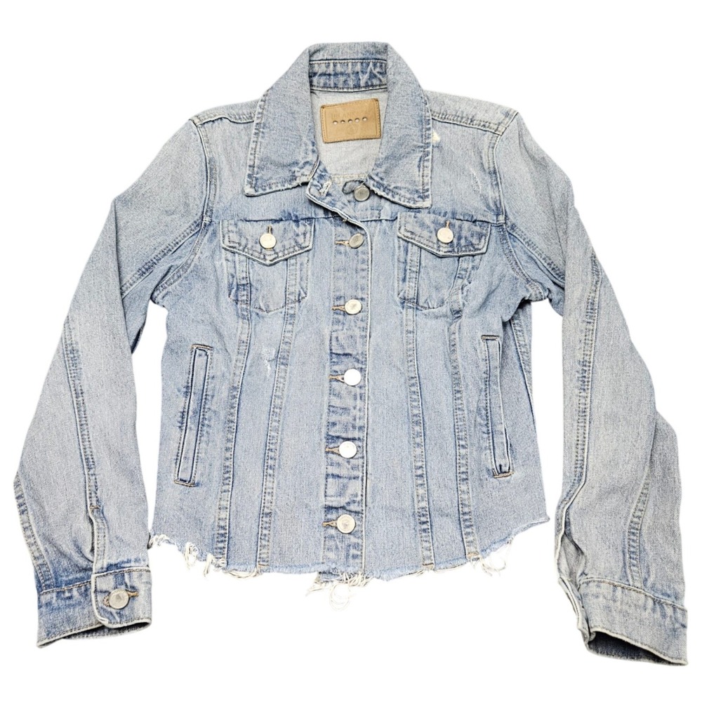 Blank NYC Denim Jacket Womens Small Light Blue Distressed Raw Hem Trucker Jean